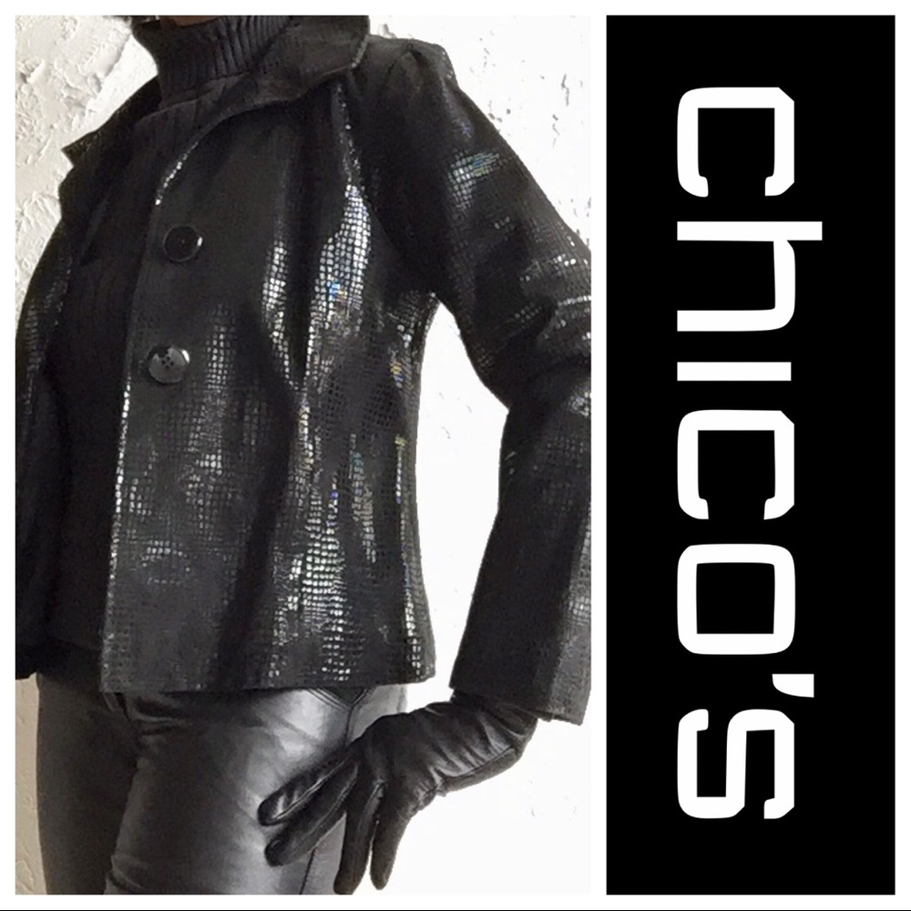 NWOT-Chico’s Black Metallic Leather Jacket (Sz 0)